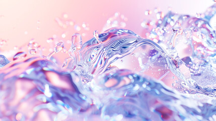Iridescent splash of water in soft pink and blue light