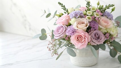 delicate floral arrangement in pastel shades, watercolor style, Easter theme, delicate details, spring flowers