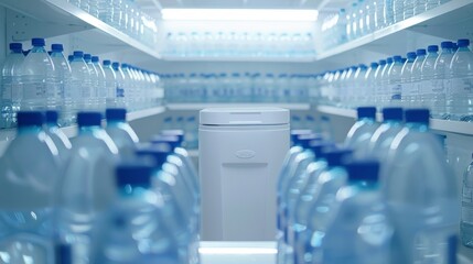 Obraz premium Rows of water bottles on shelves surround a water cooler in an office break room, creating a sense of refreshment and hydration