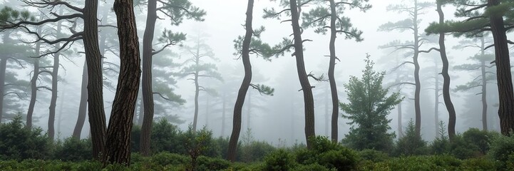 Fototapeta premium Twisted fir trees stand in a misty landscape with overgrown underbrush, vintage retro style, earthy tones, misty landscape