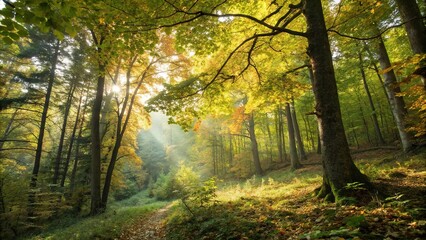 Naklejka premium Sunlight filtering through the leaves of a dense forest, creating a vibrant display of green and gold colors, leafy canopy, scenery, sunlight