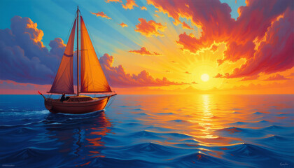 Fototapeta premium Golden Sunset Sail - A Peaceful Voyage