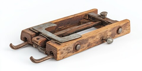Wooden and metal mousetrap isolated on white background, showing fine details