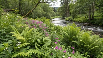 Dense thicket of ferns and wildflowers beside a gentle stream, greenery, woodland stream, foliage, forest floor, wildflowers