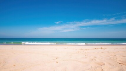 Obraz premium Seaside beach with hot sand and blue sky, relaxing atmosphere, bokeh