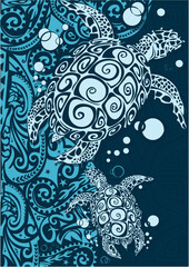 Turtles swimming Paacific Design Vector