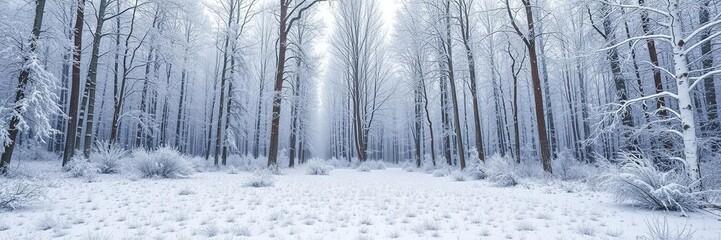 Snowy forest with a cleared area showing a layer of frost and ice covering the ground, frosty landscape, woodland scene, natural scenery