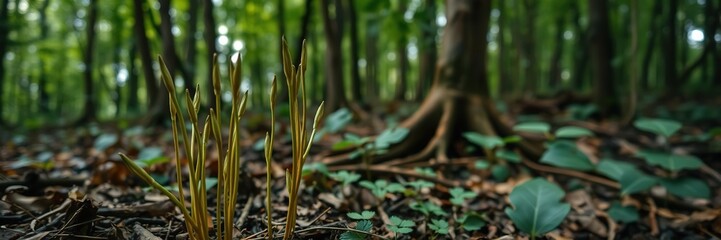 Fototapeta premium Tender teak shoots emerging from the forest floor, sprouts, soft shoots, forest floor