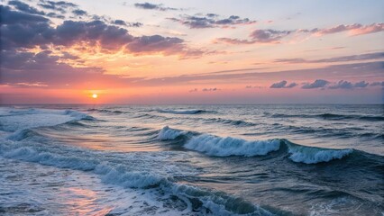 A serene ocean landscape with a faintly glowing sunset behind waves, twilight, sailing, nautical