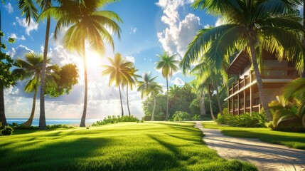 Home With Palm Trees. Sunlit American House Surrounded by Tropical Greenery