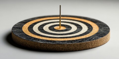 An arrow hitting the center of a dartboard, isolated against a white background