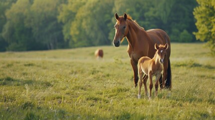 Fototapeta premium Horse Foal. Red Mare and Foal in Summer Pasture on Green Grass Field