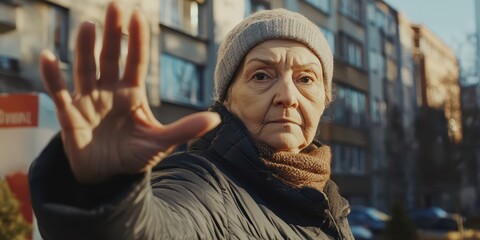 Elderly woman with hand raised in a refusal gesture, showing firm opposition