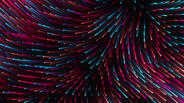 Abstract 3D loop animation with vibrant, fiber optic filaments in blue, pink, and orange, moving smoothly against a dark background. Ideal for screensavers, VJ loops, and streamer backgrounds.