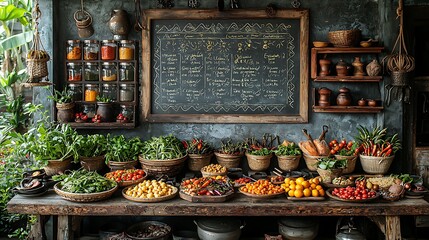 A rustic kitchen counter displays a variety of fresh produce and spices, with a chalkboard menu in the background.