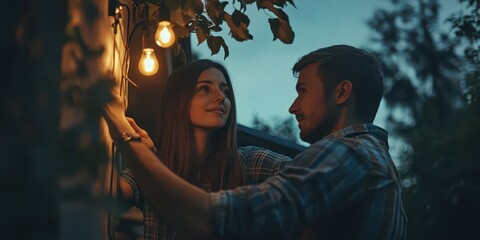 Obraz premium Woman assisting a man changing an outdoor light, symbolizing helpfulness and adjustment