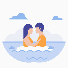 A couple is in the water, holding hands and smiling. Scene is happy and romantic