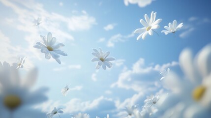A blue sky with white flowers flying in the air. The flowers are scattered all over the sky, creating a sense of freedom and lightness. The scene evokes a feeling of joy and happiness