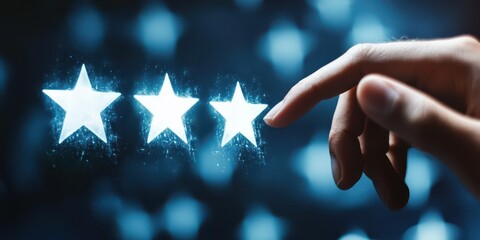 Hand interacting with a digital real estate interface, highlighting property reviews and customer satisfaction