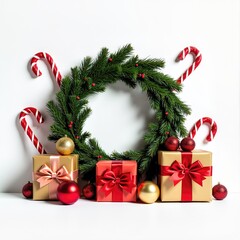 Christmas wreaths and gifts with red ribbons and bows