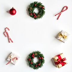 Christmas wreaths and gifts with red ribbons and bows