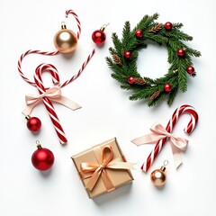 Christmas wreaths and gifts with red ribbons and bows