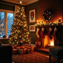 Christmas tree with fireplace and gifts