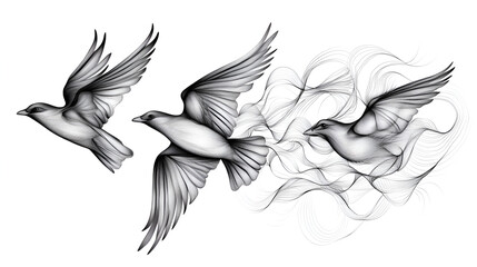 Fototapeta premium Stylized illustration of flying birds with intricate line work and fluid motion