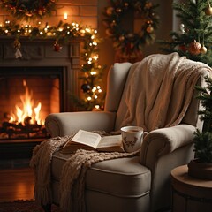 Reading a book on the couch at Christmas