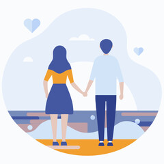 A couple holding hands on a beach. The woman is wearing a blue skirt and the man is wearing a white shirt and blue pants. Concept of love and togetherness
