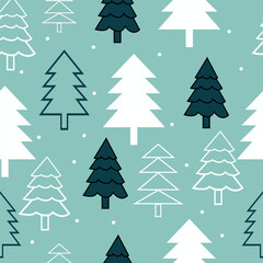 Print Winter holidays background with winter tree and snowflakes. Winter card design. seamless White snow falling on sky blue  pattern. repeating texture for  greeting card or banner. Vector eps10 