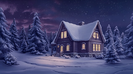 Naklejka premium Cozy cabin in a snowy landscape, starry night sky, warm lights illuminating the windows
