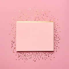 Minimalist mockup featuring a blank card on a soft pink background, surrounded by delicate golden sparkles. Ideal for greeting card designs, invitations, or stationery templates. Perfect for seasonal 