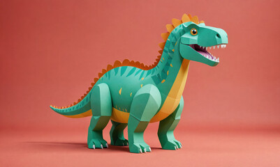 Obraz premium A green and yellow paper dinosaur stands on a pink background