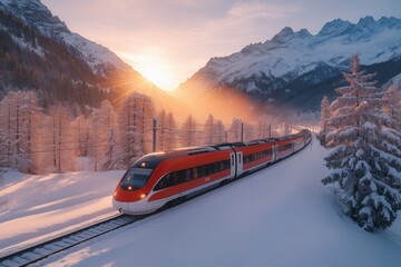 Red train moving through snowy mountains at sunset