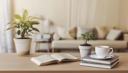 Obraz premium A copy space on a wooden desk features books, a coffee cup, and a potted plant in a living room. stock photo