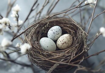 Obraz premium Easter Eggs in Nest with Flowers on Grey Background