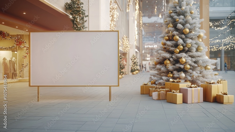 Poster a beautiful indoor shopping center adorned with festive decorations showcases a tall christmas tree 