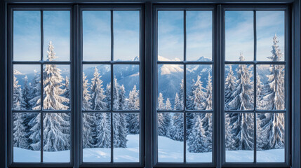 Fototapeta premium serene winter landscape viewed through large window, showcasing snow covered trees and majestic mountains in background. scene evokes sense of tranquility and beauty