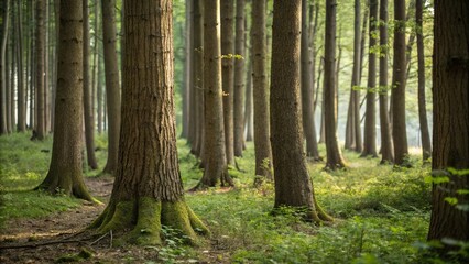 Obraz premium Close-up of tree trunks in a shaded forest, evergreen trees, shaded forest