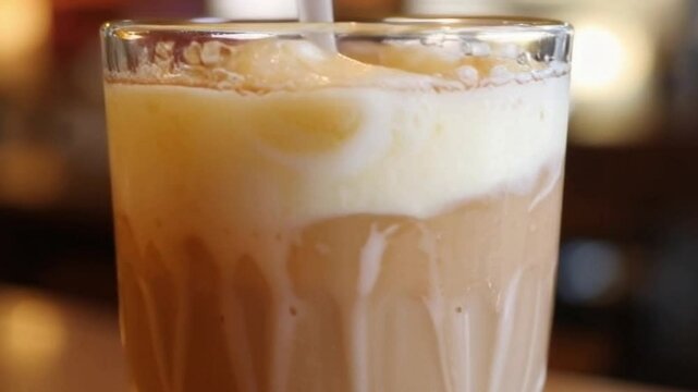 The camera captures silky coconut milk blending with smooth nitro coffee, creating a velvety texture, while the cozy coffee shop backdrop adds warmth and depth to the scene.