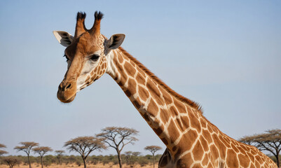 Obraz premium A giraffe stands in the African savanna, its long neck stretching towards the sky