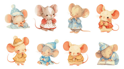 Watercolor cute mouse. Cartoon animal baby character clothes dress hat, little sleep mascot for kids set vector illustration