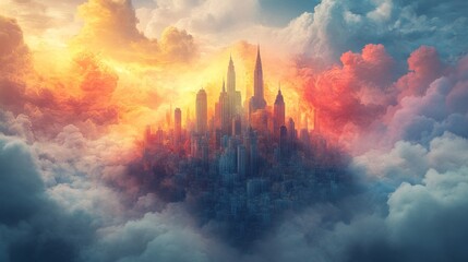 Obraz premium A City Built on Clouds with a Sunset Sky