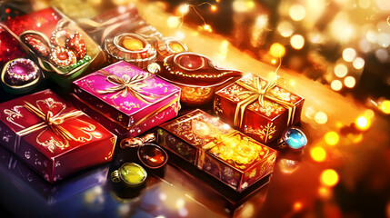 A colorful arrangement of beautifully wrapped gifts and jewels, evoking festive cheer.