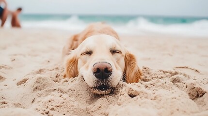 Golden Retriever Dog Sleeping in Sand at the Beach