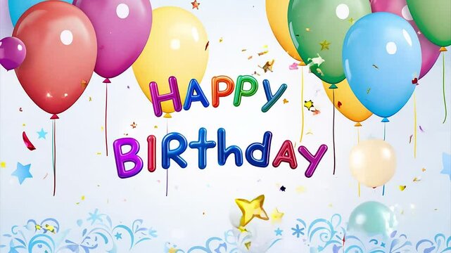 Colorful happy birthday greeting appearing with balloons and confetti on light background.
