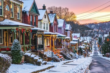 Fototapeta premium Snow-covered street with festive houses adorned for the holidays at sunset.