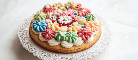 Naklejka premium Beautifully decorated festive cake biscuit topped with an array of colorful creams perfect for celebrations