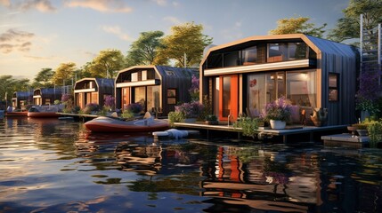 Obraz premium A photo of Houseboat Homes Harmonizing with the river